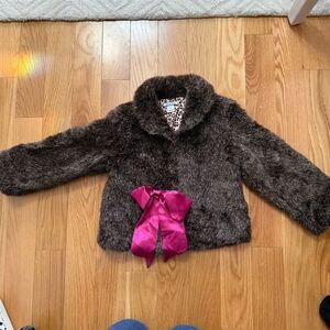 Hartstrings Girls' Vintage Faux Fur Jacket M Brown Leopard Print Bow